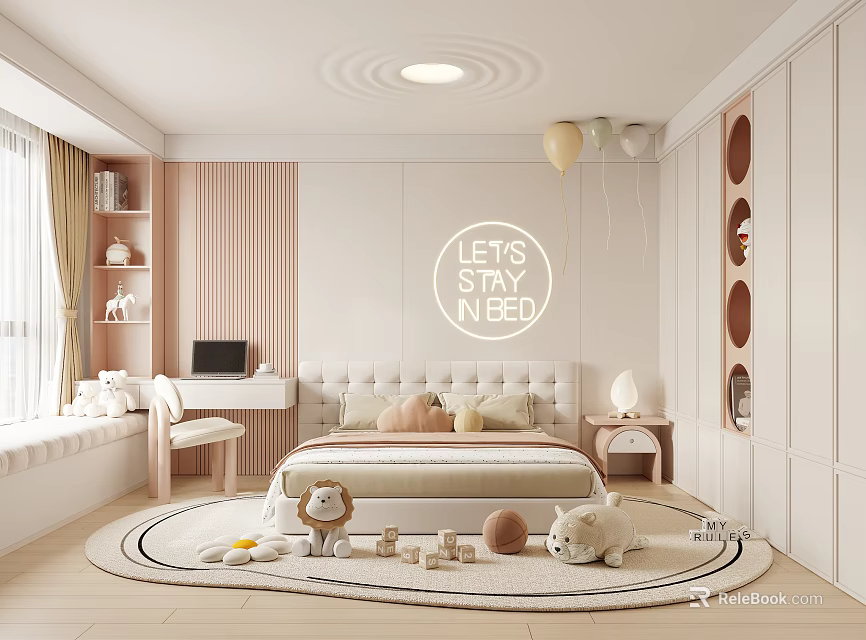 Kids Room Interior With Bed Desk Toys Carpet And Lets Stay In Bed Wall Art 3d model 