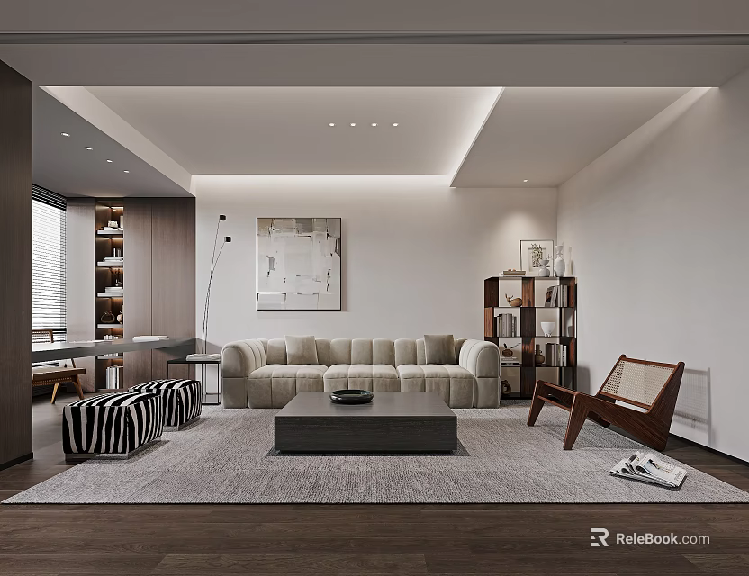 Modern Living Room Interior With Sofa Coffee Table And Bookshelf 3d model