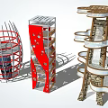 Modern Roadside Facilities With Architectural Red Silver Spiral Metal Stone Structures 3d model
