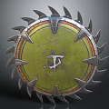 Spiked Circular Weapon With Green Surface Metal Spikes And Central Symbol
