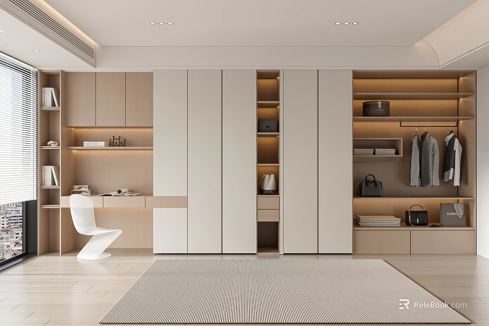 Modern Wardrobe Beige And White With Storage Drawers Hanging Area Study Desk Chair And Bookshelves 3d model 