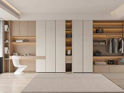 Modern Wardrobe Beige And White With Storage Drawers Hanging Area Study Desk Chair And Bookshelves 3d model