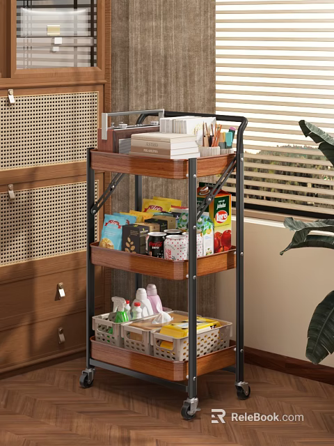 Multi tiered Wooden Metal Shelf Organizing Kitchen Supplies Books and Storage Baskets 3d model 
