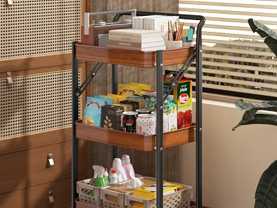 Multi tiered Wooden Metal Shelf Organizing Kitchen Supplies Books and Storage Baskets 3d model