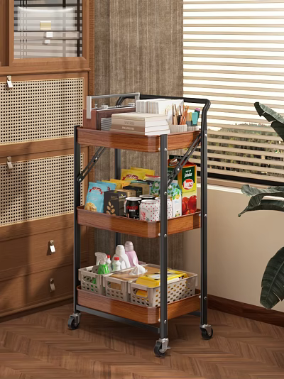 Multi tiered Wooden Metal Shelf Organizing Kitchen Supplies Books and Storage Baskets 3d model