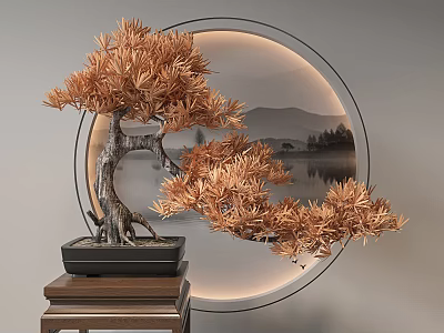 Bonsai Plant With Orange Leaves And Exposed Roots On Wooden Stand Against Circular Landscape Decor 3d model