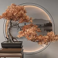 Bonsai Plant With Orange Leaves And Exposed Roots On Wooden Stand Against Circular Landscape Decor