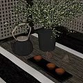 Traditional Tea Set With Teapot Small Cups Tea Tray And Vase On Bamboo Mat