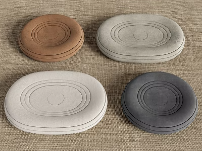 Four Textured Cushions In Different Colors And Shapes On Linen 3d model