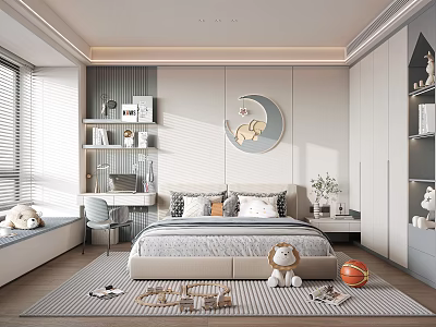 Stylish Kids Bedroom With Moon Decor Bookshelf Stuffed Toys Study Desk And Striped Rug 3d model