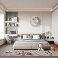 Stylish Kids Bedroom With Moon Decor Bookshelf Stuffed Toys Study Desk And Striped Rug