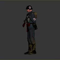Militant Character In Dark Uniform With Red Gear Holding Rifle On Gray Background