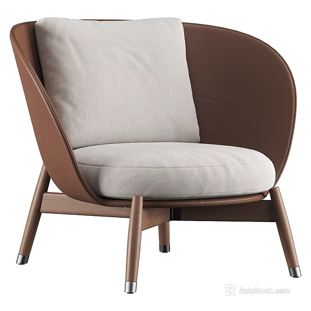 Stylish Modern Accent Chair with Brown Leather Backrest Beige Linen Padded Seat Wooden Legs 3d model 