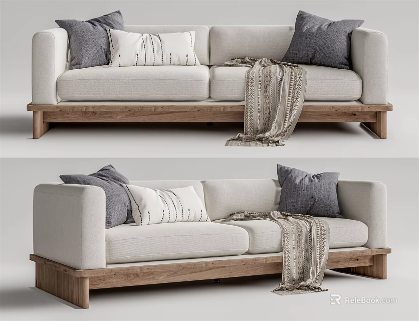Light Modern Two Seater Sofa Interior With Gray White Cushions Knit Blanket And Wooden Legs 3d model 