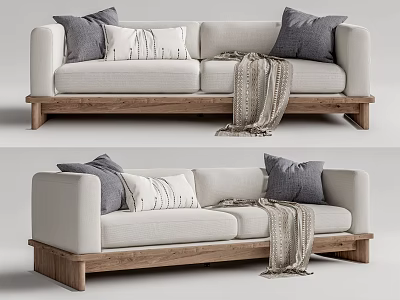 Light Modern Two Seater Sofa Interior With Gray White Cushions Knit Blanket And Wooden Legs 3d model