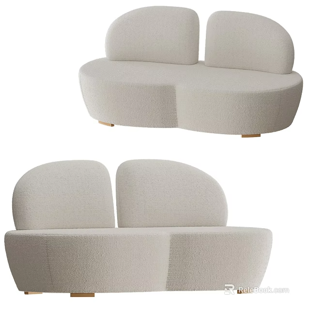 Modern Two Seater Sofa with Rounded Design Light Beige Fabric Upholstery and Wooden Legs 3d model 