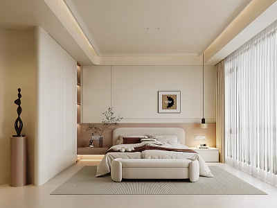 Modern Bedroom Interior Design With Beige Tones King Bed And Floor To Ceiling Windows 3d model