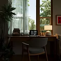 Cozy Bedroom Interior With Wooden Screen Desk Window Wall Art Rug Plants