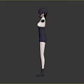 Woman with purple black hair wearing white top dark shorts red bow tie arms outstretched