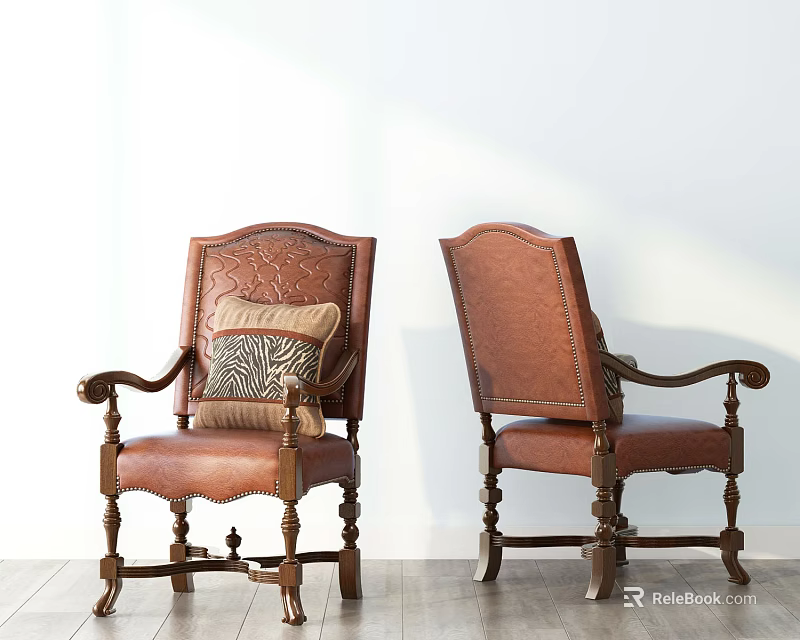 Brown Leather Armchairs with Carved Backrest Armrests Wooden Legs Striped Cushion White Wall Wooden Floor 3d model 