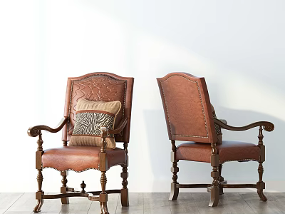 Brown Leather Armchairs with Carved Backrest Armrests Wooden Legs Striped Cushion White Wall Wooden Floor 3d model