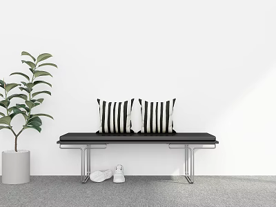 Minimalist Indoor Space With Black Bench Striped Pillows Green Plant And White Shoes 3d model