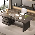 Modern Wooden Office Desk with Laptop Papers Green Plant and Chair near Window and Shelves