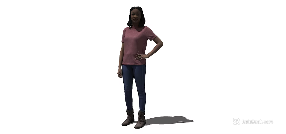 Woman in Pink T-shirt Blue Jeans and Brown Boots Standing with One Hand on Hip 3d model 