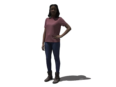 Woman in Pink T-shirt Blue Jeans and Brown Boots Standing with One Hand on Hip 3d model