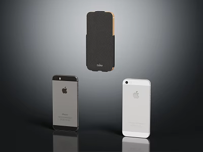 Three Mobile Phones And Leather Case In Black White Silver Colors 3d model
