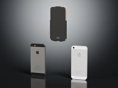 Three Mobile Phones And Leather Case In Black White Silver Colors 3d model