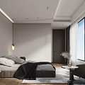 Modern Bedroom Interior Design With Gray Bed Abstract Wall Art Wooden Floor And Pendant Lamp