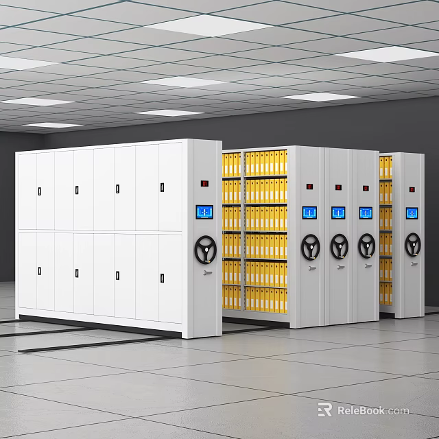 White Compact Shelving Units With Digital Displays And Yellow Files In Archive Room 3d model 