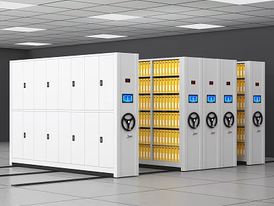 White Compact Shelving Units With Digital Displays And Yellow Files In Archive Room 3d model