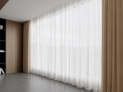 Sheer White Curtains For Modern Interior With Wooden Accents And Natural Light 3d model