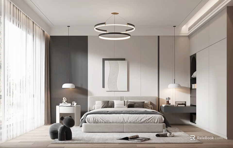 Modern Bedroom Interior Design With Circular Chandelier Bed Nightstands And Neutral Rug 3d model 