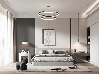 Modern Bedroom Interior Design With Circular Chandelier Bed Nightstands And Neutral Rug 3d model