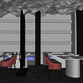 Elegant Private Dining Room With Green Windows Red Chairs Cloud Like Ceiling And Lattice Screens