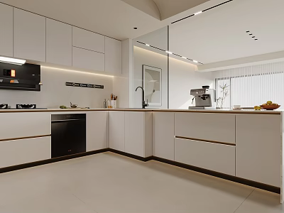 Modern White Kitchen Interior Design With Clean Cabinets Countertop And Appliances 3d model