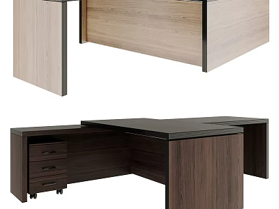 Modern L Shaped Office Desk With Walnut Wood Finish Drawers And Storage Cabinets 3d model