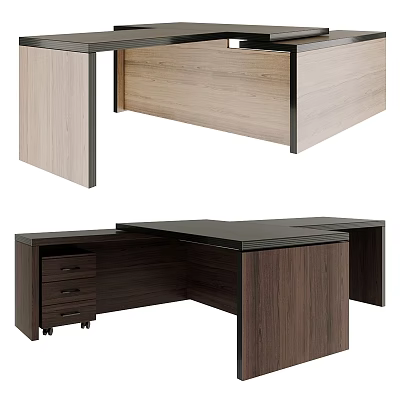 Modern L Shaped Office Desk With Walnut Wood Finish Drawers And Storage Cabinets 3d model