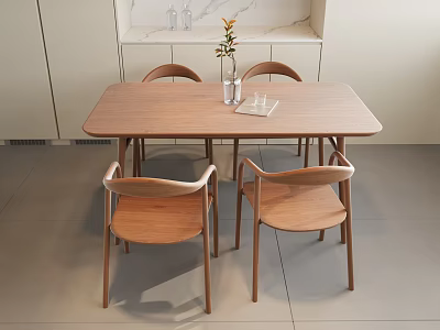 Modern Wooden Dining Table With Four Chairs And Decorative Vase Glasses 3d model