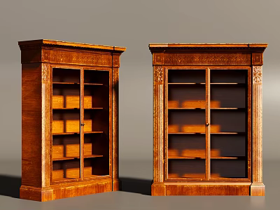 Vintage Wooden Bookcase With Carved Details Glass Doors And Multiple Shelves 3d model