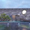 Modern Stone Feature Wall With Circular Window Water Feature Small Tree And Fountains 3d model