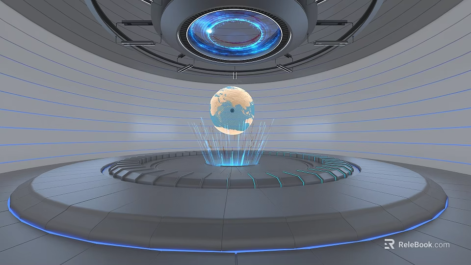 High Tech E-commerce Booth With Floating Earth Model Blue Light Beams And Circular Structure 3d model
