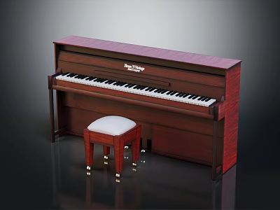 Classic Bell & Howell Dark Wooden Upright Piano with White Cushioned Stool and Elegant Design 3d model