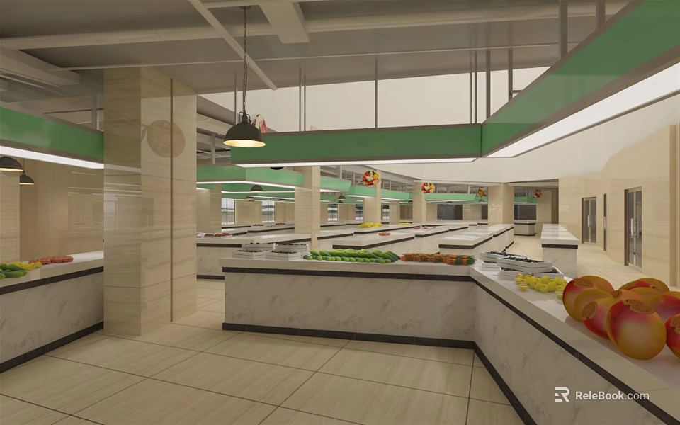 Supermarket Grocery Store Interior With Fresh Produce Display Counters And Fruits Vegetables 3d model 