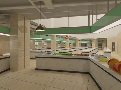 Supermarket Grocery Store Interior With Fresh Produce Display Counters And Fruits Vegetables 3d model
