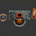 Blacksmith Workshop Stone Fireplace With Anvil Wooden Stump Chair And Burning Flame