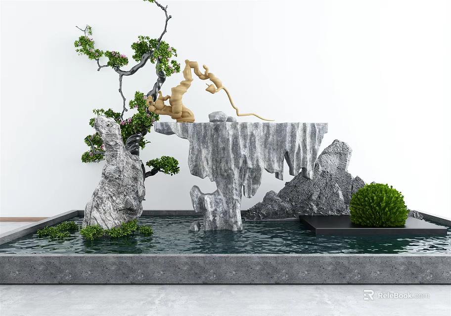 Garden Ornament With Rockery Water Feature Golden Monkey Sculpture Small Tree And Green Shrubs 3d model 